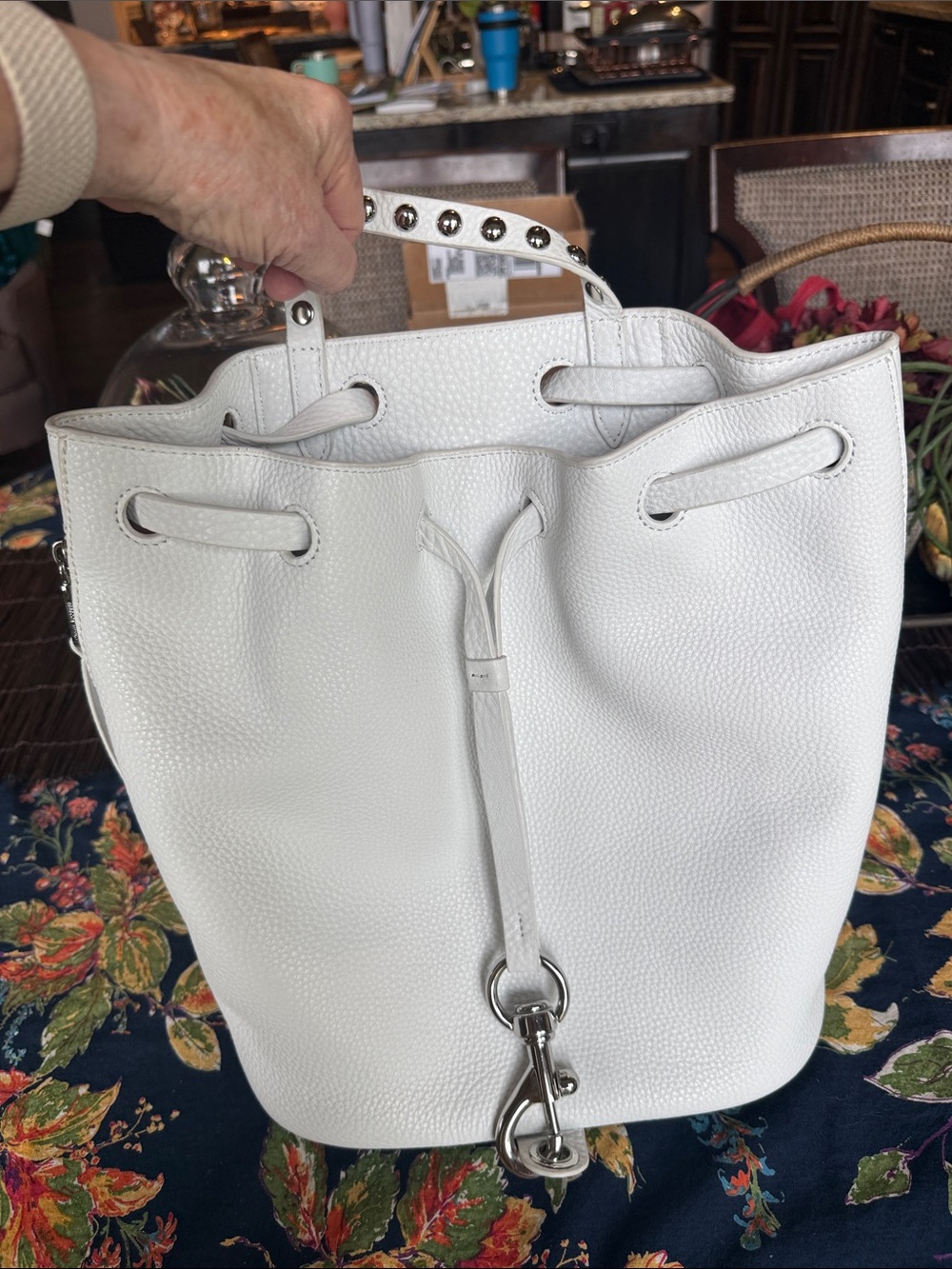 White Pebbled Leather Drawstring Bucket Backpack - Picture 9 of 10